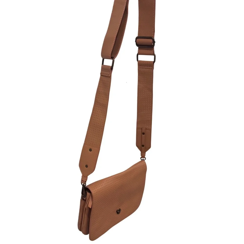 Disney Flair Collection Perforated Crossbody Tan Mickey Mouse Accent Wide Strap‎